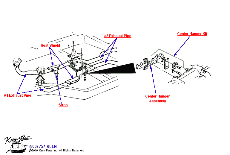 Pipes, Hangers, Heat Shield Diagram for a 1965 Corvette