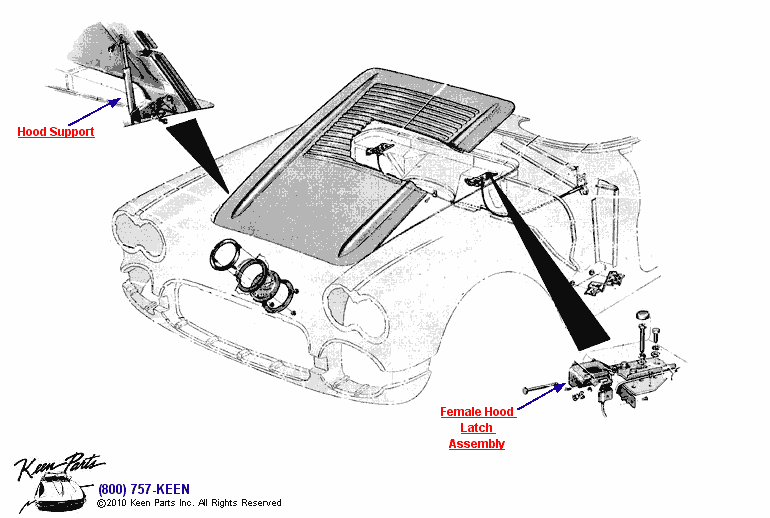 Hood Support &amp; Latches Diagram for a 1962 Corvette