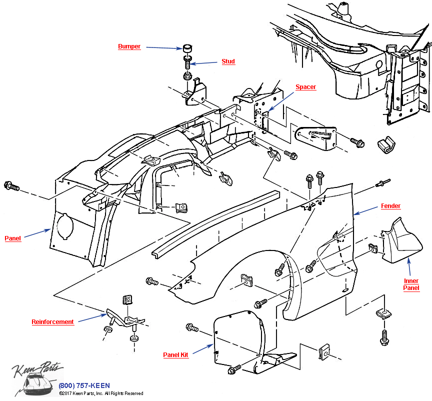 Front Fender and Wheelhouse Diagram for a 1997 Corvette