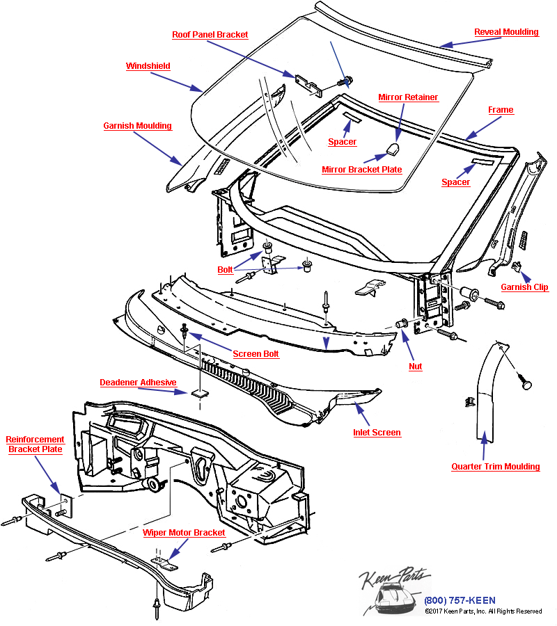 Windshield Trim and Hardware Diagram for a C5 Corvette