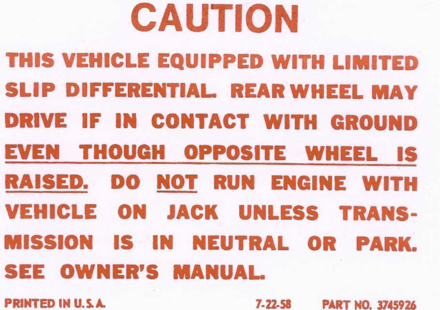 1959-1962 Corvette Positraction Warning Decal (Code 3745926)