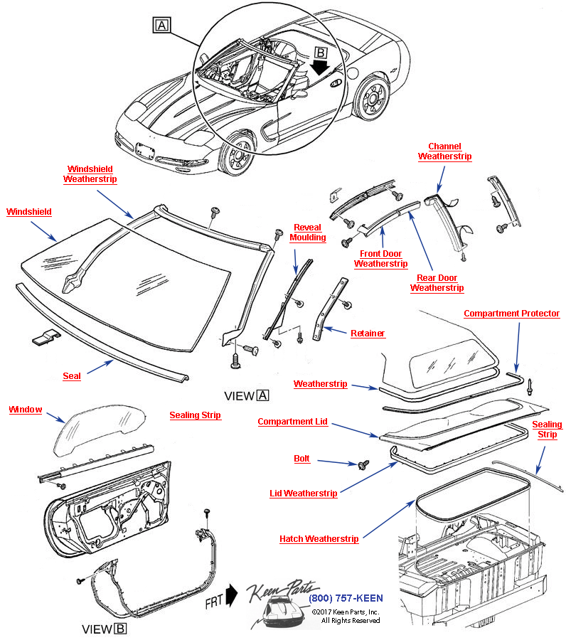 Weatherstrips and Glass- Convertible Diagram for All Corvette Years