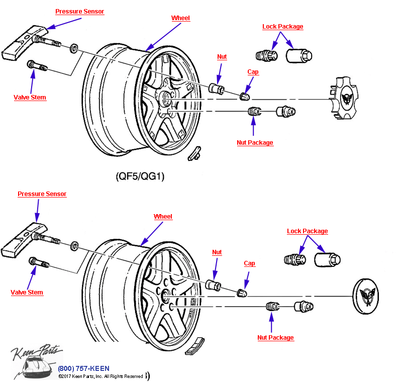 Wheels and Tire Pressure Sensors Diagram for a 2008 Corvette