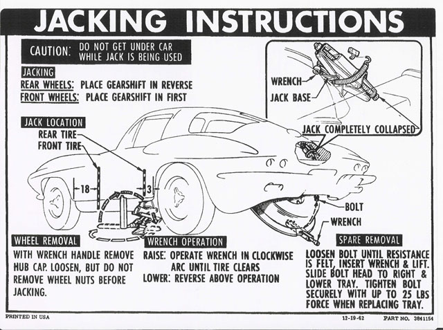 1963-1966 Corvette Jacking Instructions Decal with 36 Gallon Tank