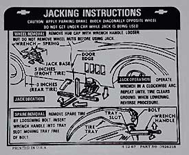1968-1972 Corvette Jacking Instructions Regular Tire Decal  (Code 3926218)