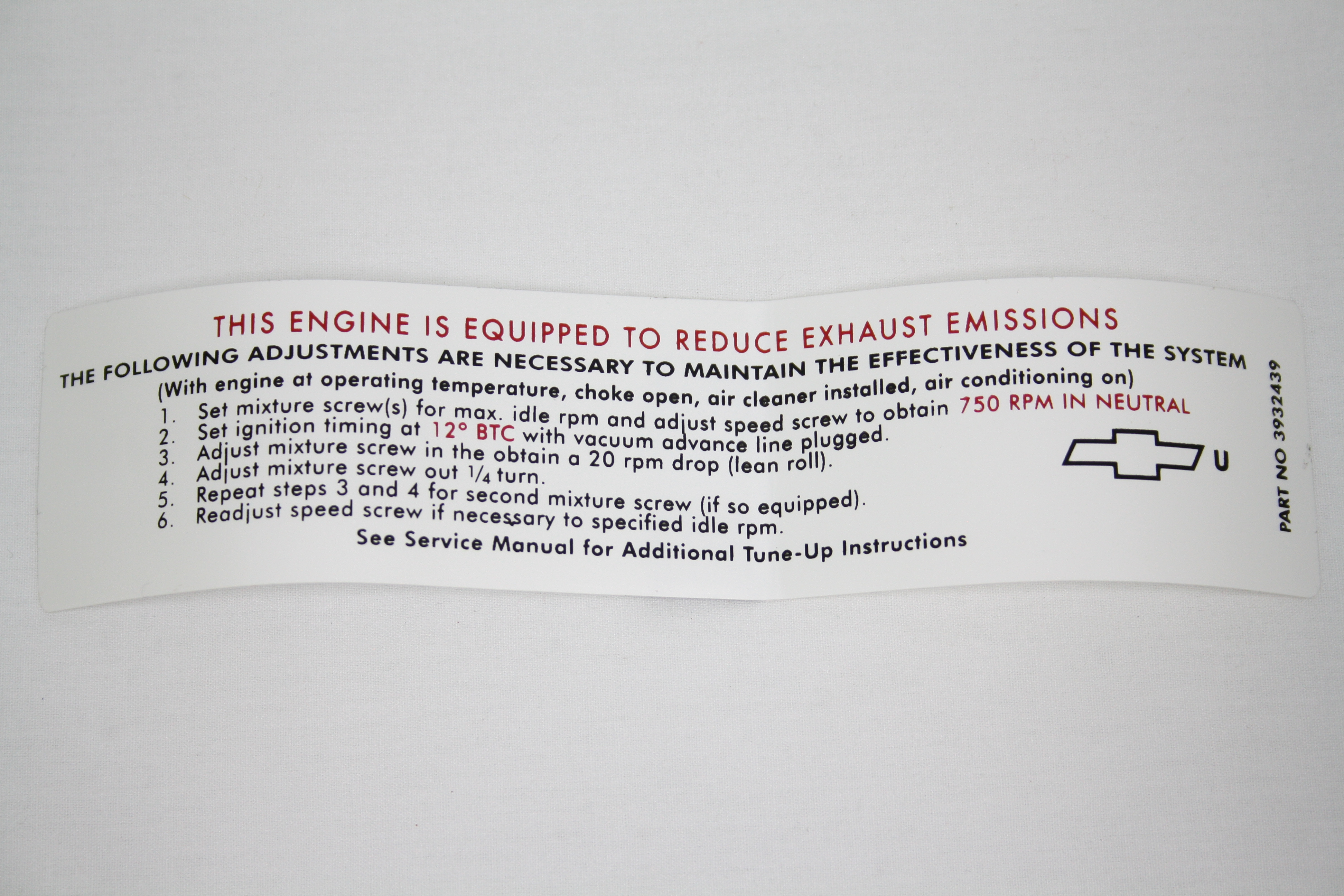 1968 Corvette Emission Decal Manual Transmission 327/350 HP
