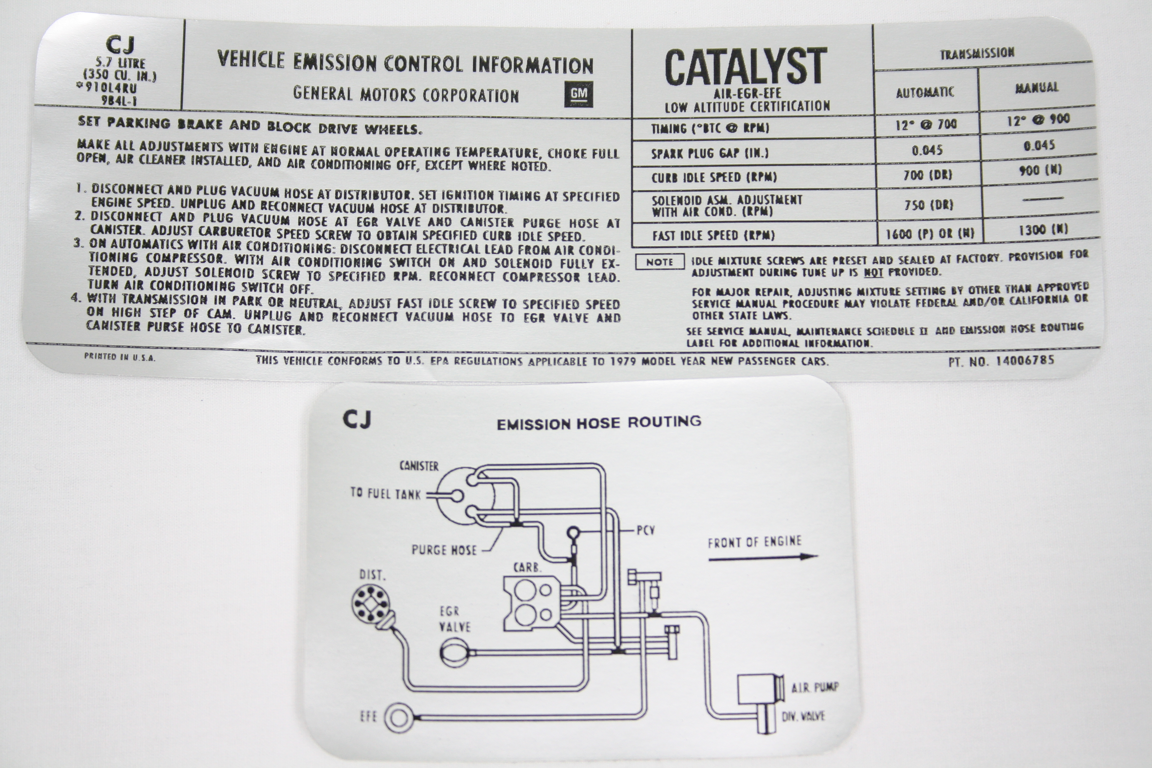 1979 Corvette Emission Decal Automatic & Manual Transmission 195 HP (Code CJ 14006785)