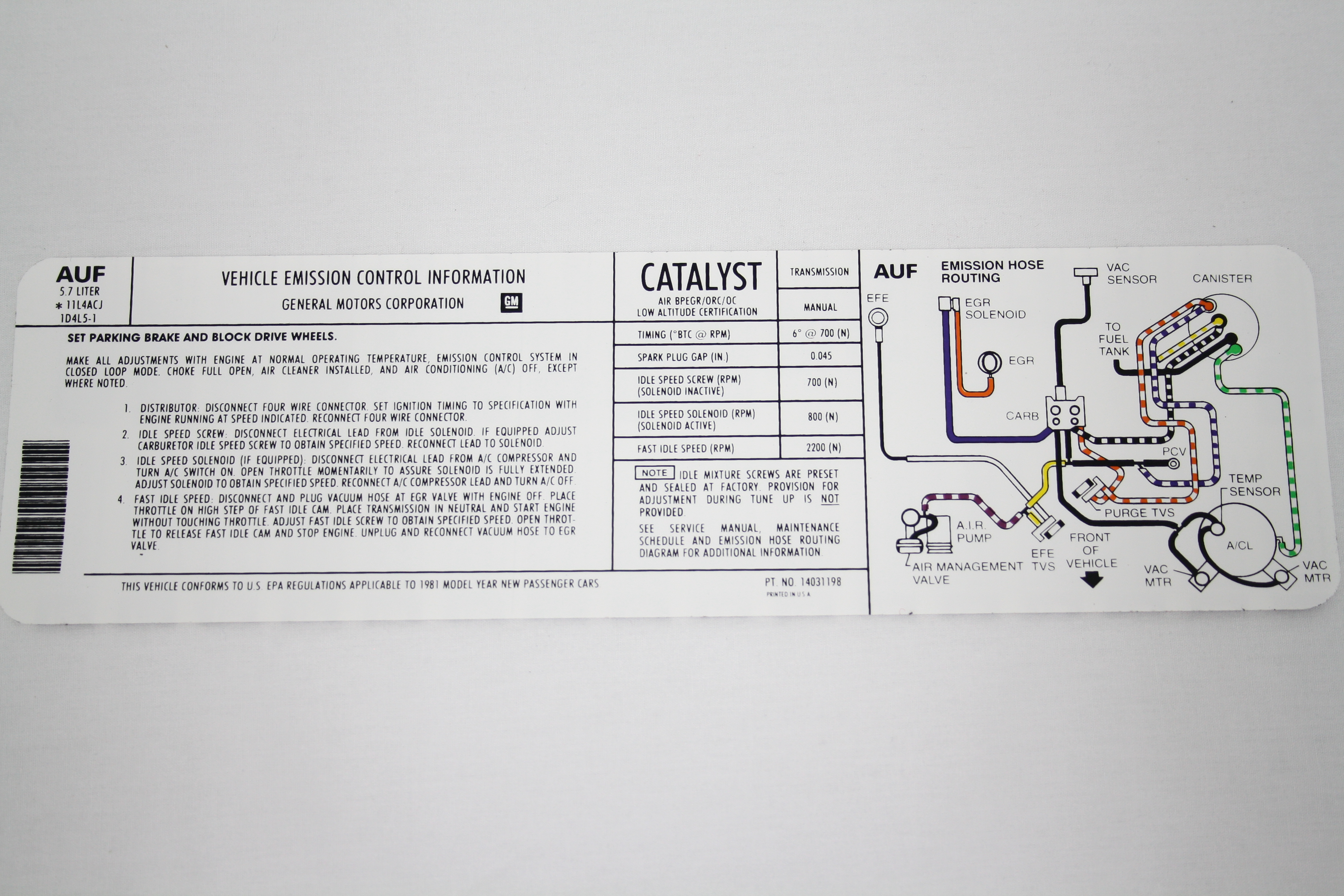 1981 Corvette Emission Decal 5.7 Manual Transmission