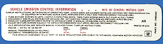 1970 Corvette Emission Decal Manual Transmission 350 HP (Code AX 3989369)