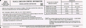 1975 Corvette Emission Decal Manual Transmission 205 HP L82 (Code AU 360422)