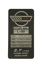 1991 Corvette Console Specification Plate L98 245 HP (345 TQ)