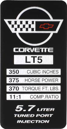 1991-1992 Corvette Console Specification Plate LT5 Small Block (375 HP370 TQ)