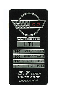 1992 Corvette Console Specification Plate LT1 Small Block (300 HP330 TQ)