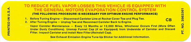 1970-1971 Corvette Emission Decal Big Block Code CB (Code 3983361)