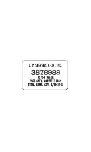1965-1967 Corvette Jack Cover Board Carpet Label (J.P. Stevens Co.)