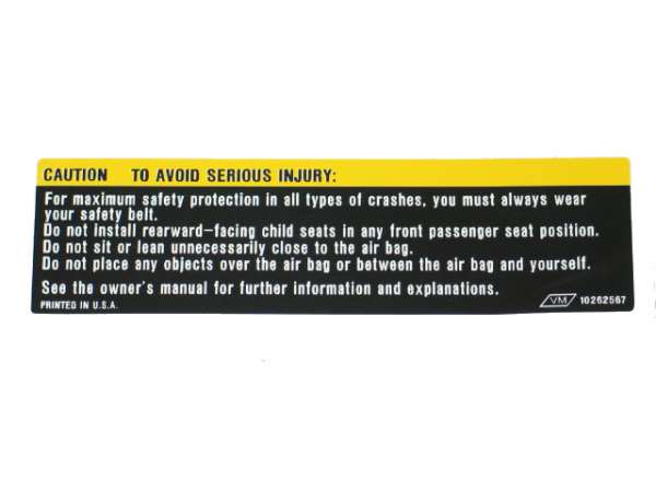 1990-1996 Corvette Sunvisor Air Bag Warning Decal