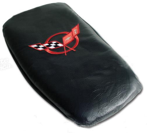 1997-2004 Corvette Glove Box Lid Protector Black Leather with Red Embroidered Logo