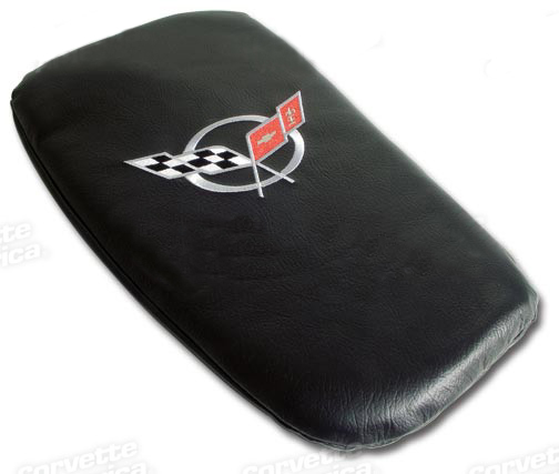 1997-2004 Corvette Glove Box Lid Protector Black Leather with Silver Embroidered Logo