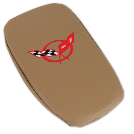 1997-2004 Corvette Glove Box Lid Protector Tan Leather with Red Embroidered Logo